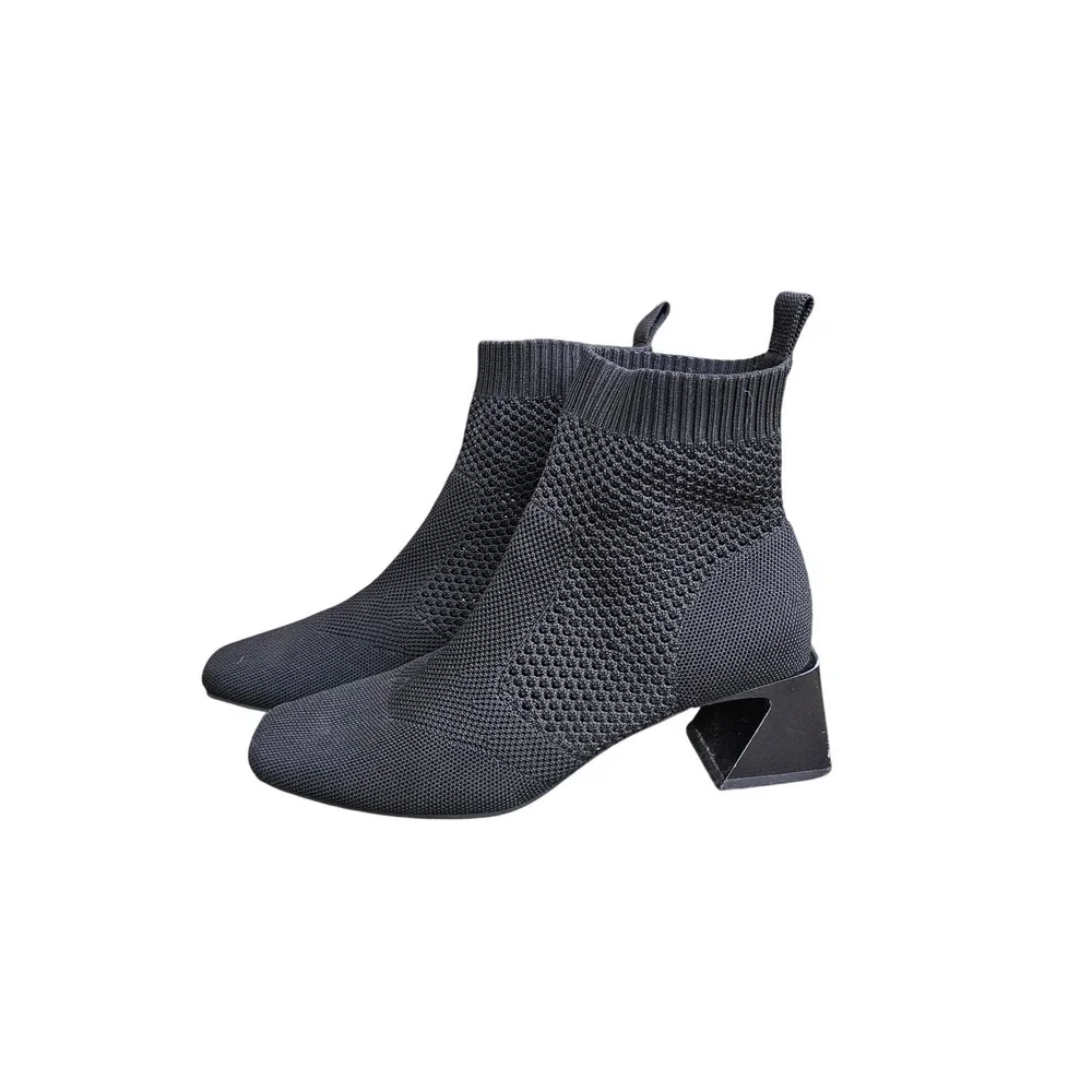 VIVAIA Melissa Square Toe Perforated Bootie 40 Black Sock Knit Block Heel Boots